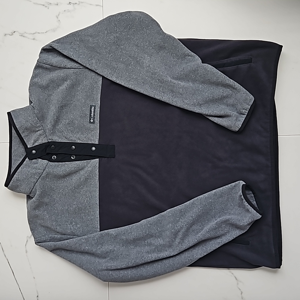 MENS COLUMBIA FLEECE PULLOVER HALF BUTTON UP SWEATSHIRT LARGE BLACK GRAY